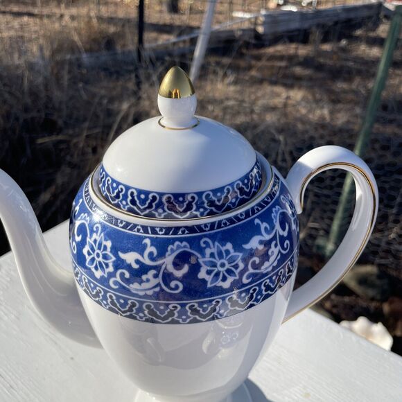 Wedgwood Blue Bokhara Coffee Pot with Gold Trim Sugar Bowl Creamer Set service - Picture 4 of 16